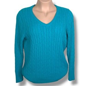 2X JC Penney Teal Merino Wool Cable Knit Sweater Vneck Long Sleeve